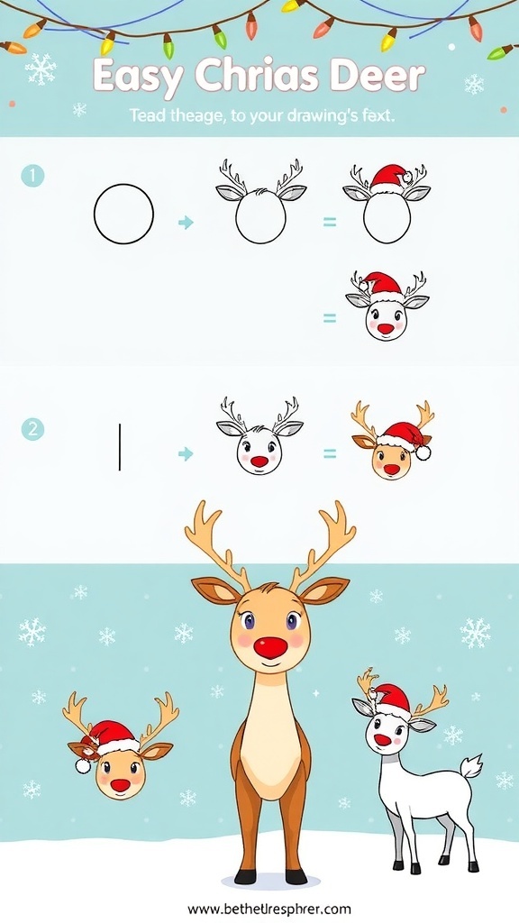 Step-by-step drawing tutorial of a Christmas deer, showing the progression from sketch to finished artwork.
